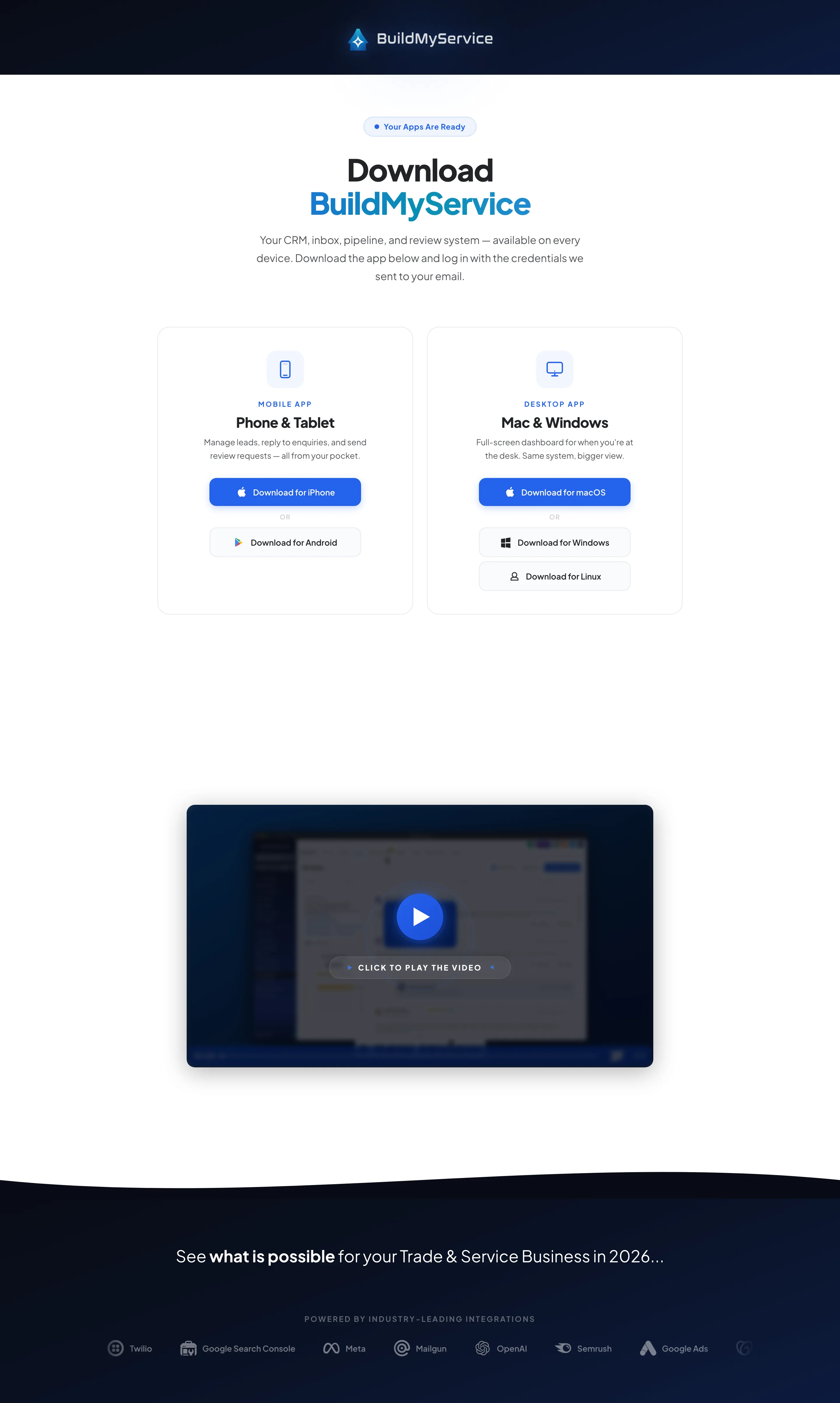 The BuildMyService app download page