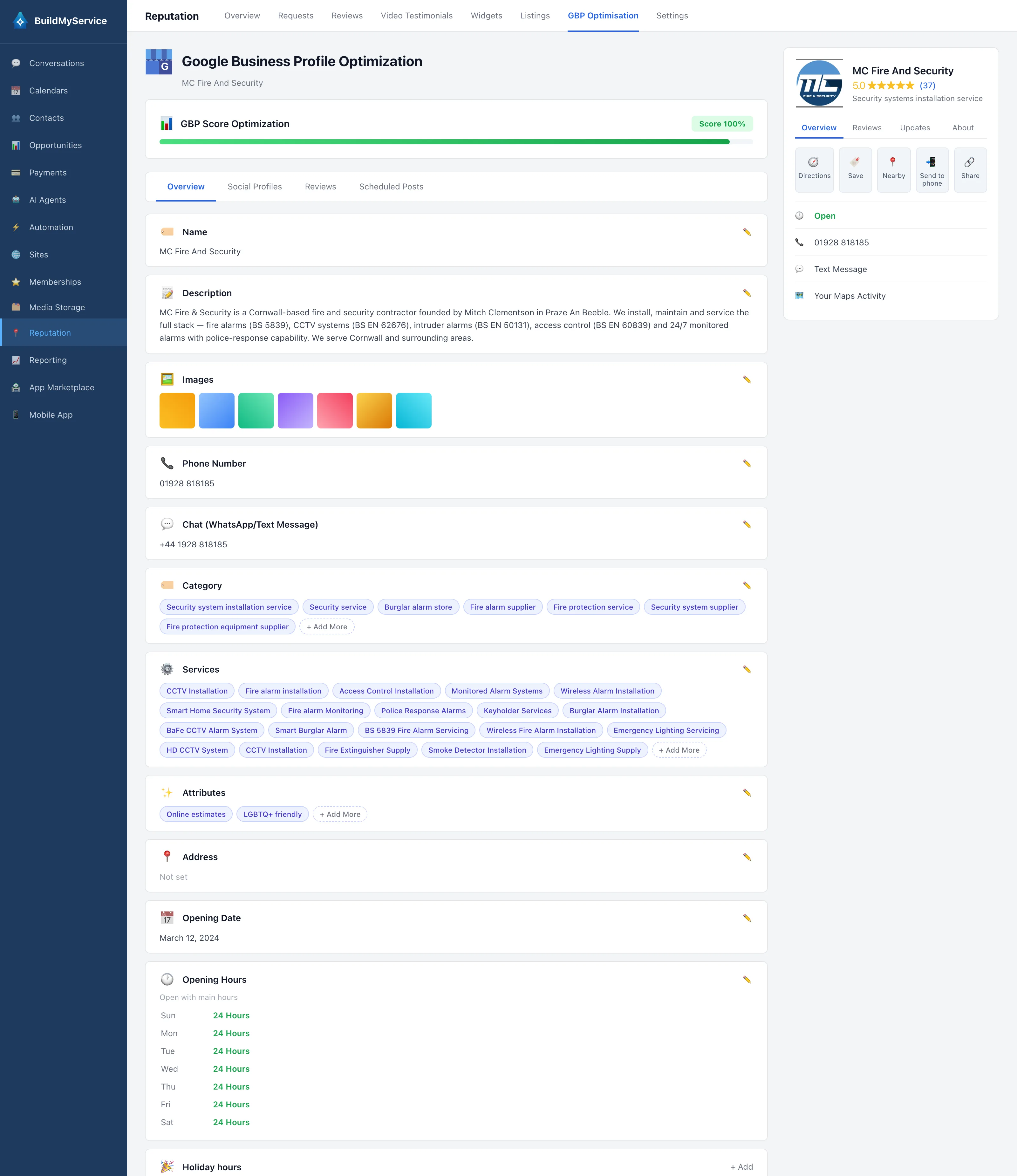 Example: a Google Business Profile being optimised in the BuildMyService app