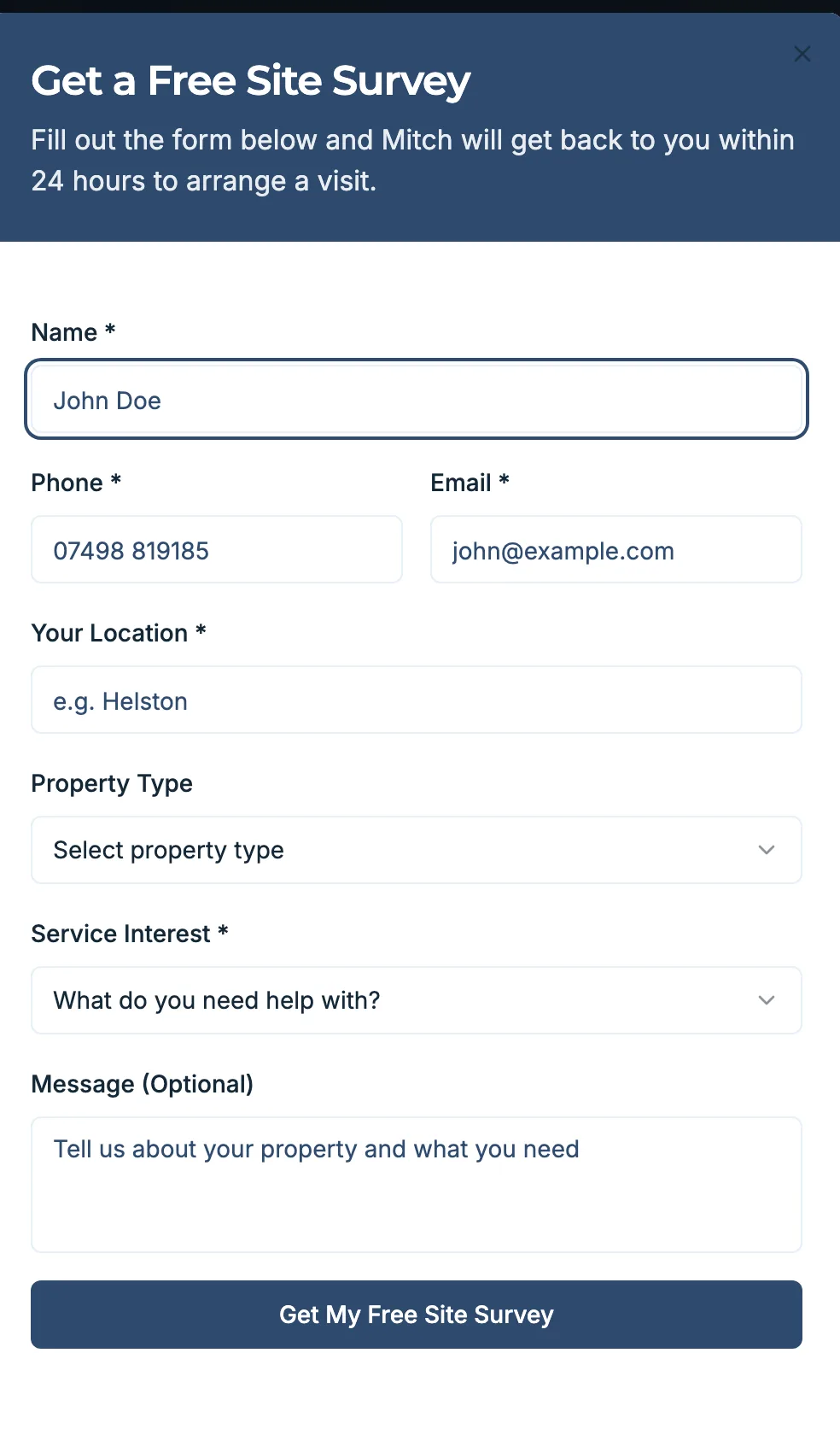 Example: a website quote form on a BuildMyService site